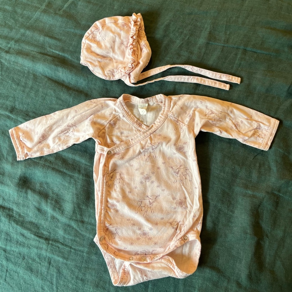 Kate Quinn kimono onesie and bonnet